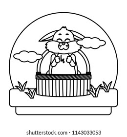 line cute rabbit animal inside hamper in the landscape