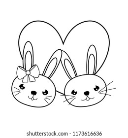 line cute rabbits couple head with heart
