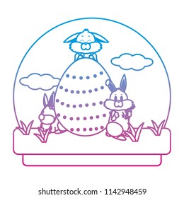 line cute rabbits with egg easter decoration