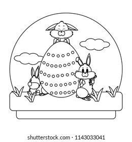 line cute rabbits with egg easter decoration