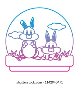 line cute rabbits friends animals in the landscape