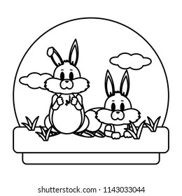 line cute rabbits friends animals in the landscape