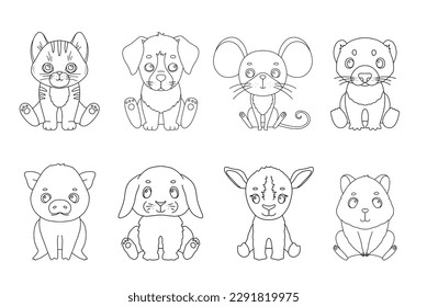 Line cute sitting bunny, kitten and puppy. Vector outline graphic illustrations set, character baby animal isolated on white background for coloring book