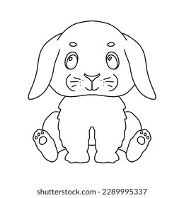 Line cute sitting bunny. Vector outline graphic illustration, character baby animal isolated on white background. Funny rabbit