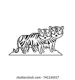line cute tiger animal couple together