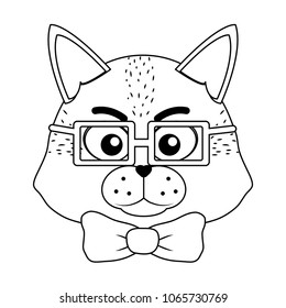 line cute tiger head animal with glasses and tie bow