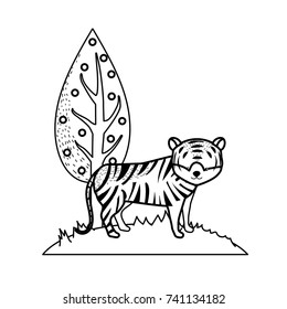 line cute tiger wild animal next to tree