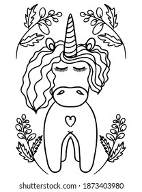 Line cute Unicorn for coloring book or page. Unicorn nursery art.