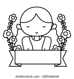 line cute woman with hairstyle and flowers style