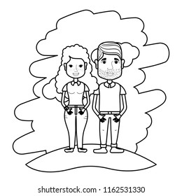 line cute woman and man couple with casual clothes