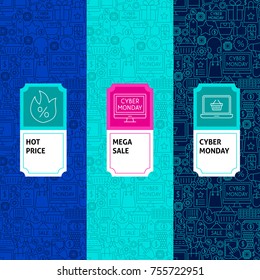 Line Cyber Monday Package Labels. Vector Illustration. Template for Packaging Design.