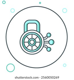 Line Cyber security icon isolated on white background. Closed padlock on digital circuit board. Safety concept. Digital data protection. Colorful outline concept. Vector