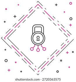 Line Cyber security icon isolated on white background. Closed padlock on digital circuit board. Safety concept. Digital data protection. Colorful outline concept. Vector