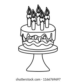 line delicious cake with burning candles in the table