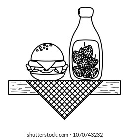 line delicious hamburger with smoothie beverage in the shelf