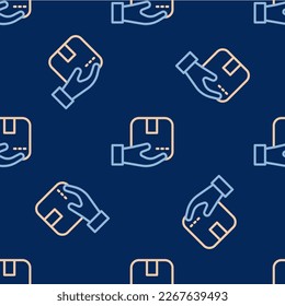 Entrega de línea mano con el icono de cajas de cartón aislado patrón sin fisuras en fondo azul. Entrega de puerta a puerta por correo.  Vector