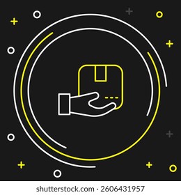Line Delivery hand with cardboard boxes icon isolated on black background. Door to door delivery by courier. Colorful outline concept. Vector