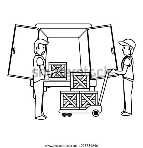 line\
delivery men with packages and platform\
trolleys