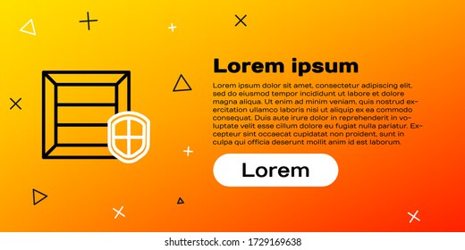 Line Delivery pack security with shield icon isolated on yellow background. Delivery insurance. Insured cardboard boxes beyond the shield. Colorful outline concept. Vector Illustration