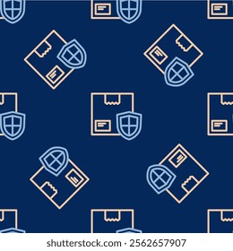 Line Delivery security with shield icon isolated seamless pattern on blue background. Delivery insurance. Insured cardboard boxes beyond the shield.  Vector