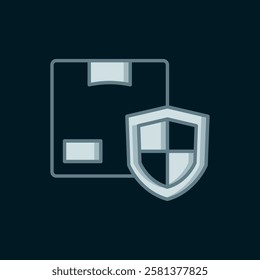 Line Delivery security with shield icon isolated on black background. Delivery insurance. Insured cardboard boxes beyond the shield. Flat filled outline style with shadow. Vector