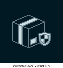 Line Delivery security with shield icon isolated on black background. Delivery insurance. Insured cardboard boxes beyond the shield. Flat filled outline style with shadow. Vector