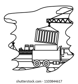 line delivery service ship and truck containers with crane