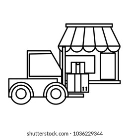 line delivery store with firklift and boxes packages