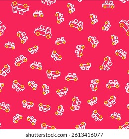 Line Delivery truck with cardboard boxes behind icon isolated seamless pattern on red background.  Vector