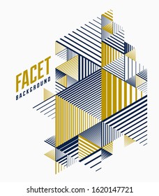 Line design 3D cubes and triangles abstract background, polygonal low poly isometric retro style template. Stripy graphic element isolated. Template for poster or banner, cover or ad.