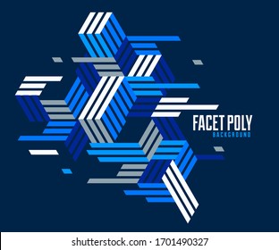 Line design 3D cubes and triangles abstract background, polygonal low poly isometric retro style template. Stripy graphic element isolated. Template for poster or banner, cover or ad.