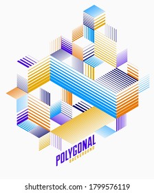 Line design 3D cubes and triangles abstract background, polygonal low poly isometric retro style template. Stripy graphic element isolated. Template for poster or banner, cover or ad.