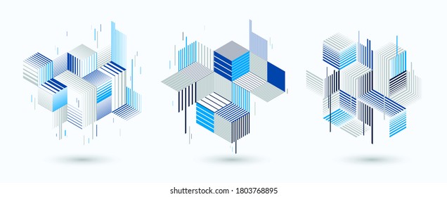 Line design 3D cubes and triangles abstract backgrounds set, polygonal low poly isometric retro style templates. Stripy graphic elements isolated. Templates for posters or banners, covers or ads.