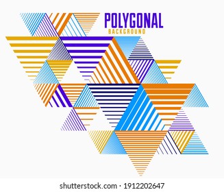Line design 3D cubes and triangles abstract background, polygonal low poly isometric retro style template. Stripy graphic element isolated. Template for poster or banner, cover or ad.