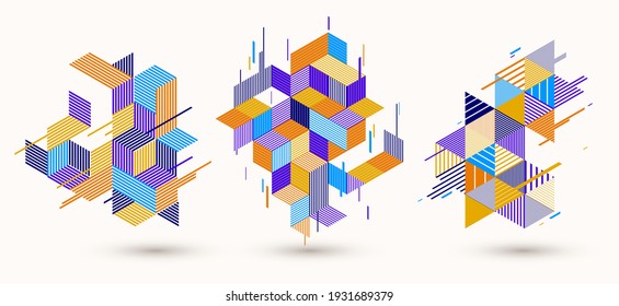 Line design 3D cubes and triangles abstract backgrounds set, polygonal low poly isometric retro style templates. Stripy graphic elements isolated. Templates for posters or banners, covers or ads.