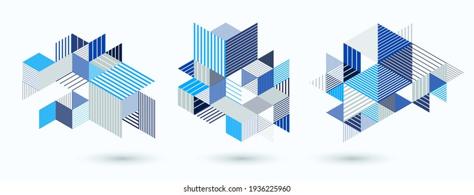 Line design 3D cubes and triangles abstract backgrounds set, polygonal low poly isometric retro style templates. Stripy graphic elements isolated. Templates for posters or banners, covers or ads.