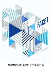 Line design 3D cubes and triangles abstract background, polygonal low poly isometric retro style template. Stripy graphic element isolated. Template for poster or banner, cover or ad.