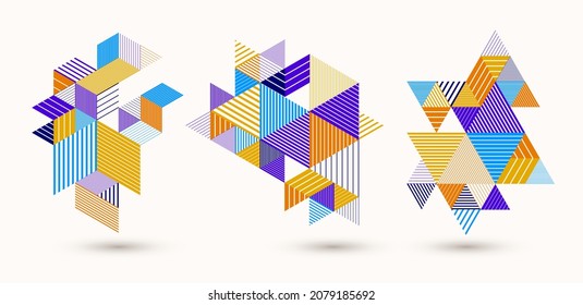 Line design 3D cubes and triangles abstract backgrounds set, polygonal low poly isometric retro style templates. Stripy graphic elements isolated. Templates for posters or banners, covers or ads.