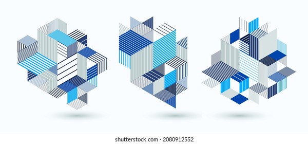 Line design 3D cubes and triangles abstract backgrounds set, polygonal low poly isometric retro style templates. Stripy graphic elements isolated. Templates for posters or banners, covers or ads.