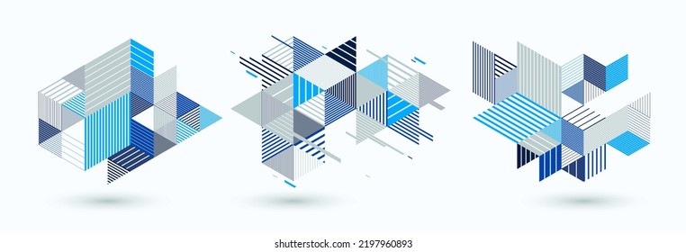 Line design 3D cubes and triangles abstract backgrounds set, polygonal low poly isometric retro style templates. Stripy graphic elements isolated. Templates for posters or banners, covers or ads.