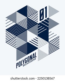 Diseño de línea de cubos 3D y triángulos de fondo abstracto, plantilla de estilo retro isométrico poligonal de bajo polígono. Elemento gráfico Stripy aislado. Plantilla para afiches, carteles, portadas o anuncios.