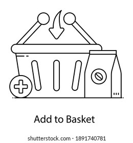 Line design of add to basket, plus sign with bucket 