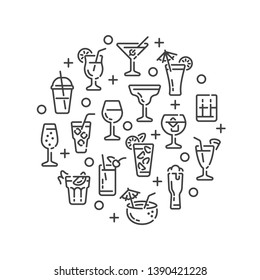 Line design with alcoholic drinks and cocktails elements isolated on white background. Vector illustration.