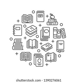 Line design with books elements isolated on white background. Vector illustration.