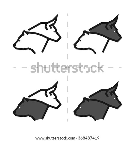 Line design concept for gambling on the rise and a fall. Vector linear bull and bear. Line logo for stock market.