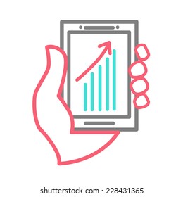  line design concept of hand holing smart phone with increasing bar chart on the screen. Using smartphone for business. Eps 10 vector.