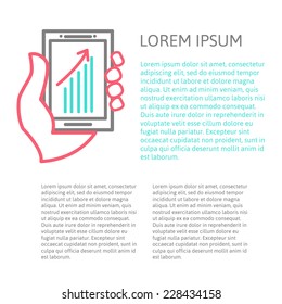 line design concept of hand holing smart phone with increasing bar chart on the screen. Using smartphone for business. Place for your text. Eps 10 vector.