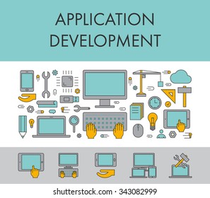 Line design concept horizontal banner for application development. Vector linear icons
