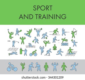 Line design concept horizontal banner for sport and training. Vector figure athletes, popular sports