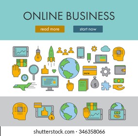 Line design concept horizontal banner for online business. Vector landing page and linear icons